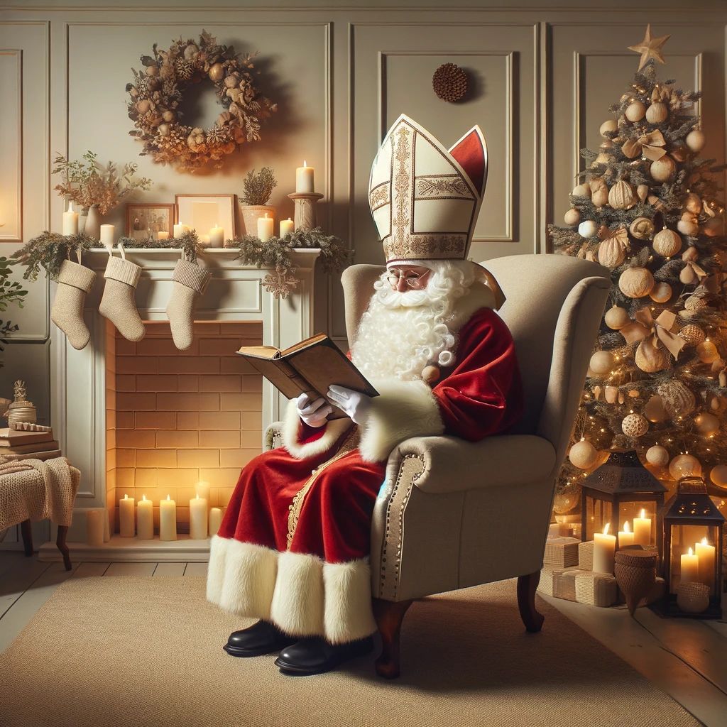 Heiliger Nikolaus am Kaminfeuer in weihnachtlich geschmücktem Raum mit Christbaum.