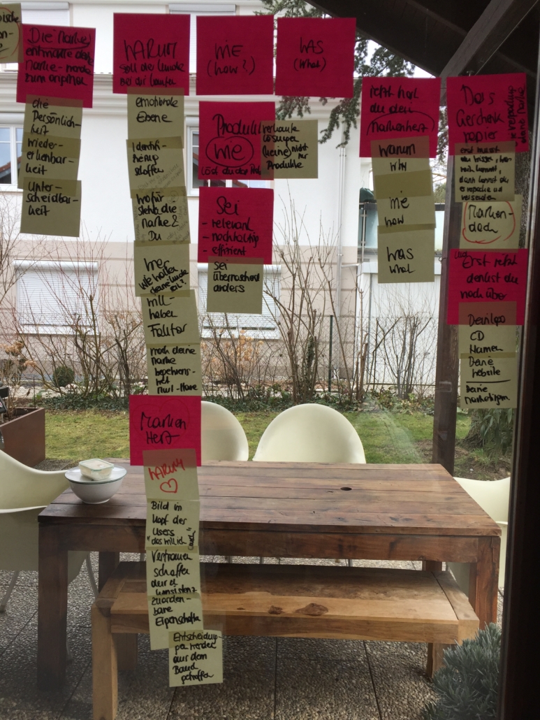 Markenhaus Positionierung 2019 hat alles so angefangen - mit Post-Its an unserer Terrassentür. Mein Markenhaus entstand.
